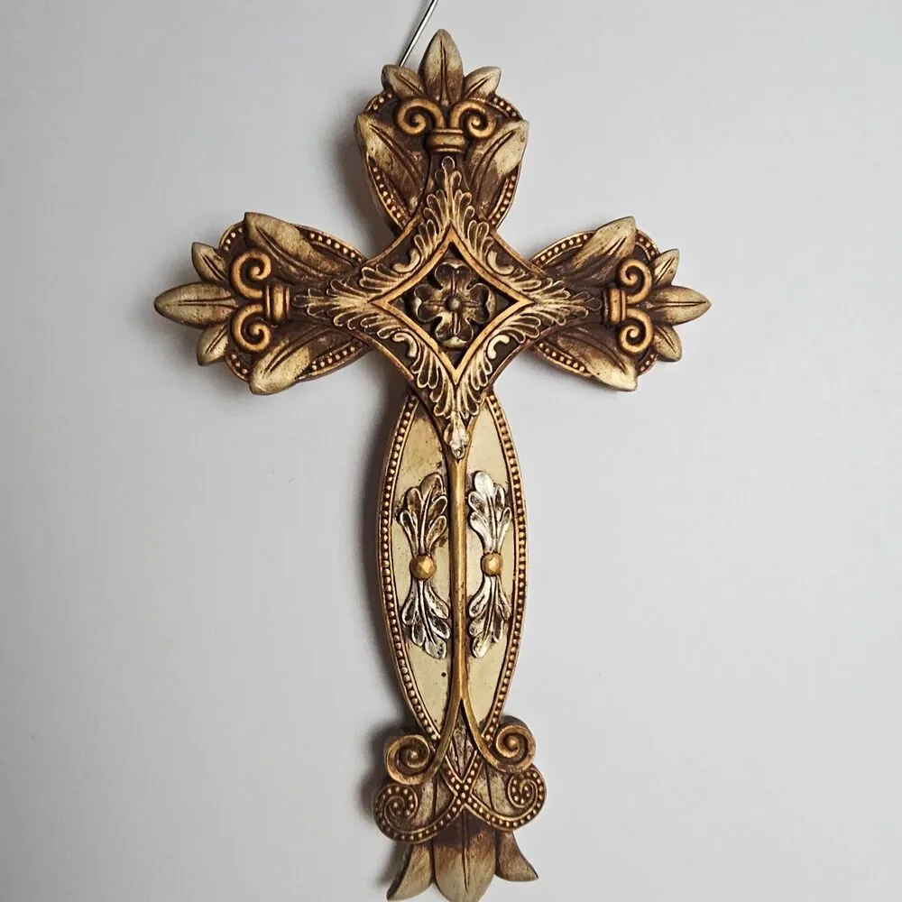 Ornate Wall Cross Fleur De Lis Gothic Gold Bronze Resin Religious Decor 14